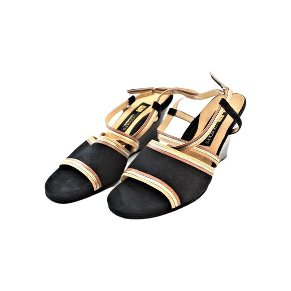 Aerosoles Signature Sandals Wedge Black Suede W Gold Cross Strap Size 9 - Picture 2 of 11